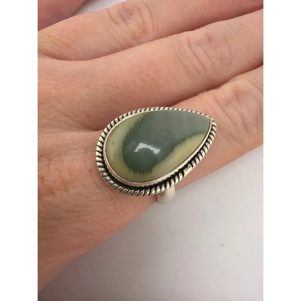 Teardrop Imperial Jasper Twisted Rope Sterling Silver Statement Ring Size 7.5